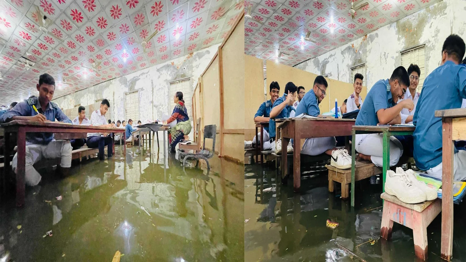 হলে পানি, বেঞ্চে পা তুলে পরীক্ষায় অংশ নিল এসএসসি পরীক্ষার্থীরা