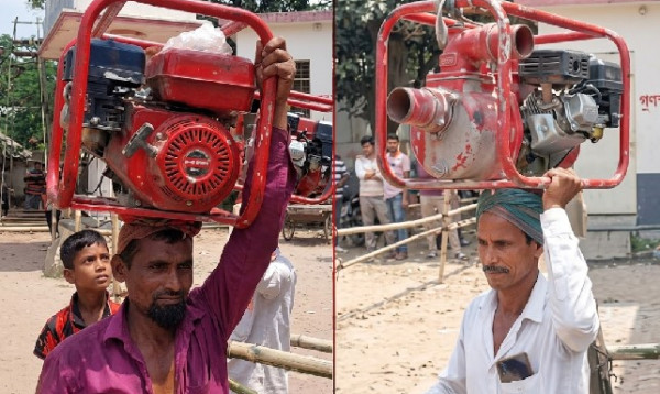 শরীয়তপুরে শ্যালো মেশিন কাঁধে নিয়ে ফিলিং স্টেশনে তেল নিতে গেলেন কৃষকরা