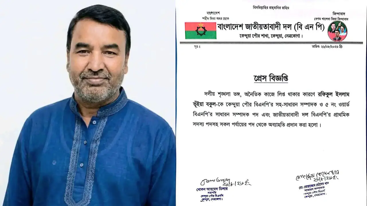স্কুলছাত্রীকে ধর্ষণের অভিযোগ, বিএনপি নেতাকে দলীয় পদ থেকে অব্যাহতি